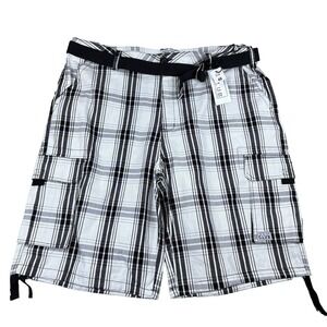 Pro Club Mens Cargo Shorts Plaid Belted Cotton Utility Streetwear Size 48